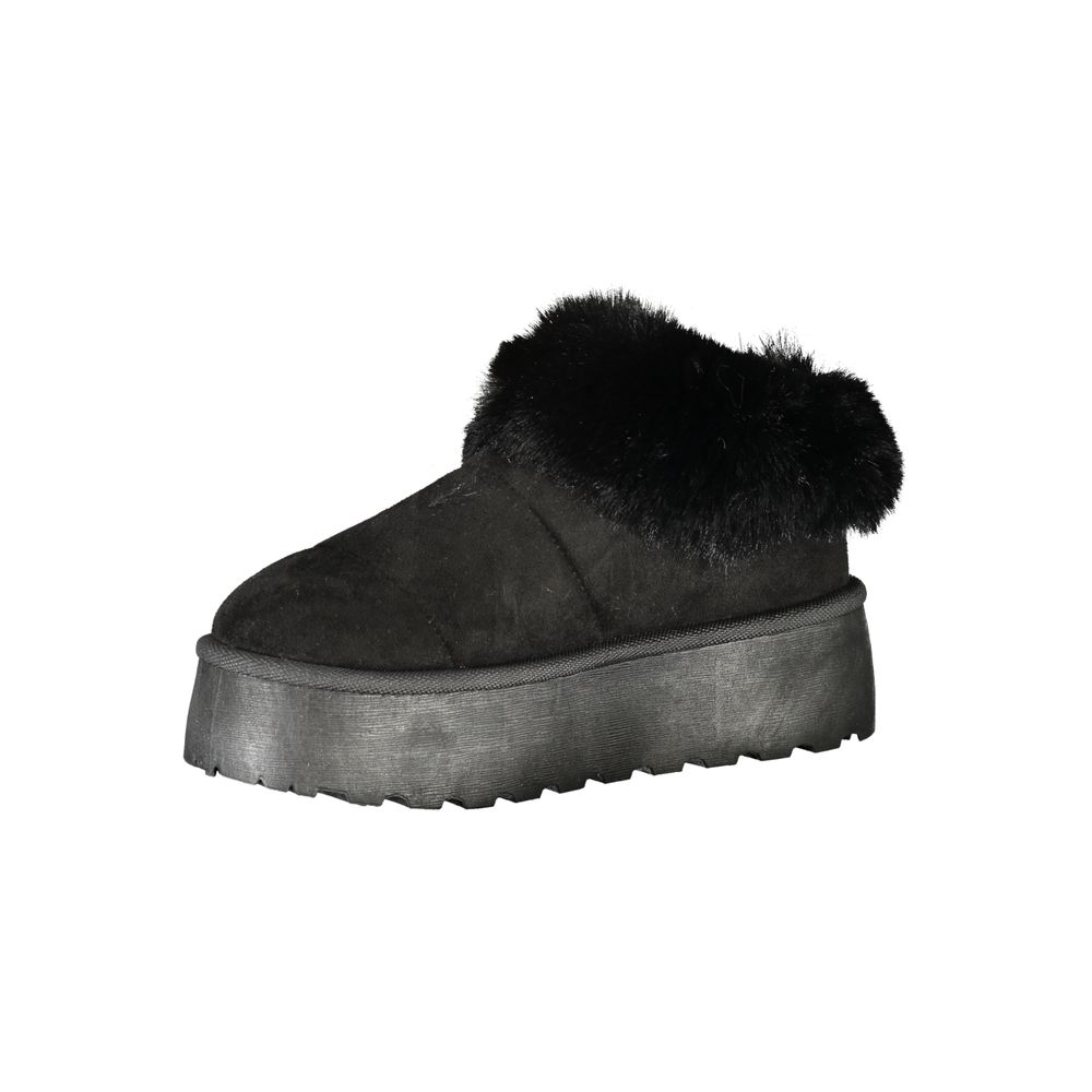 Laura Biagiotti Black Polyester Women Sneaker with fur detail and 4 cm wedge heel, featuring the iconic logo for a stylish look.