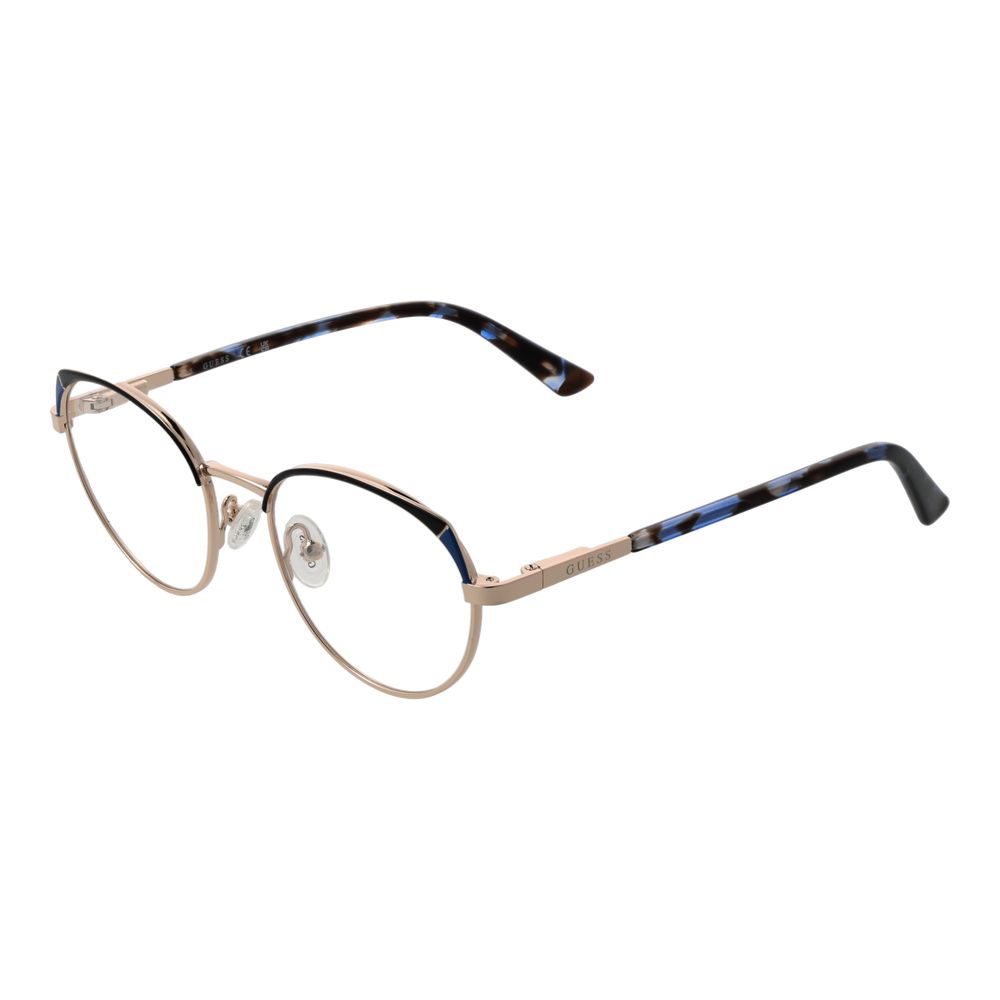 Guess Gold Metal Glasses (Frames), round style, full-rim, spring hinge, suitable for women. Gold metal frame, plastic demo lenses.