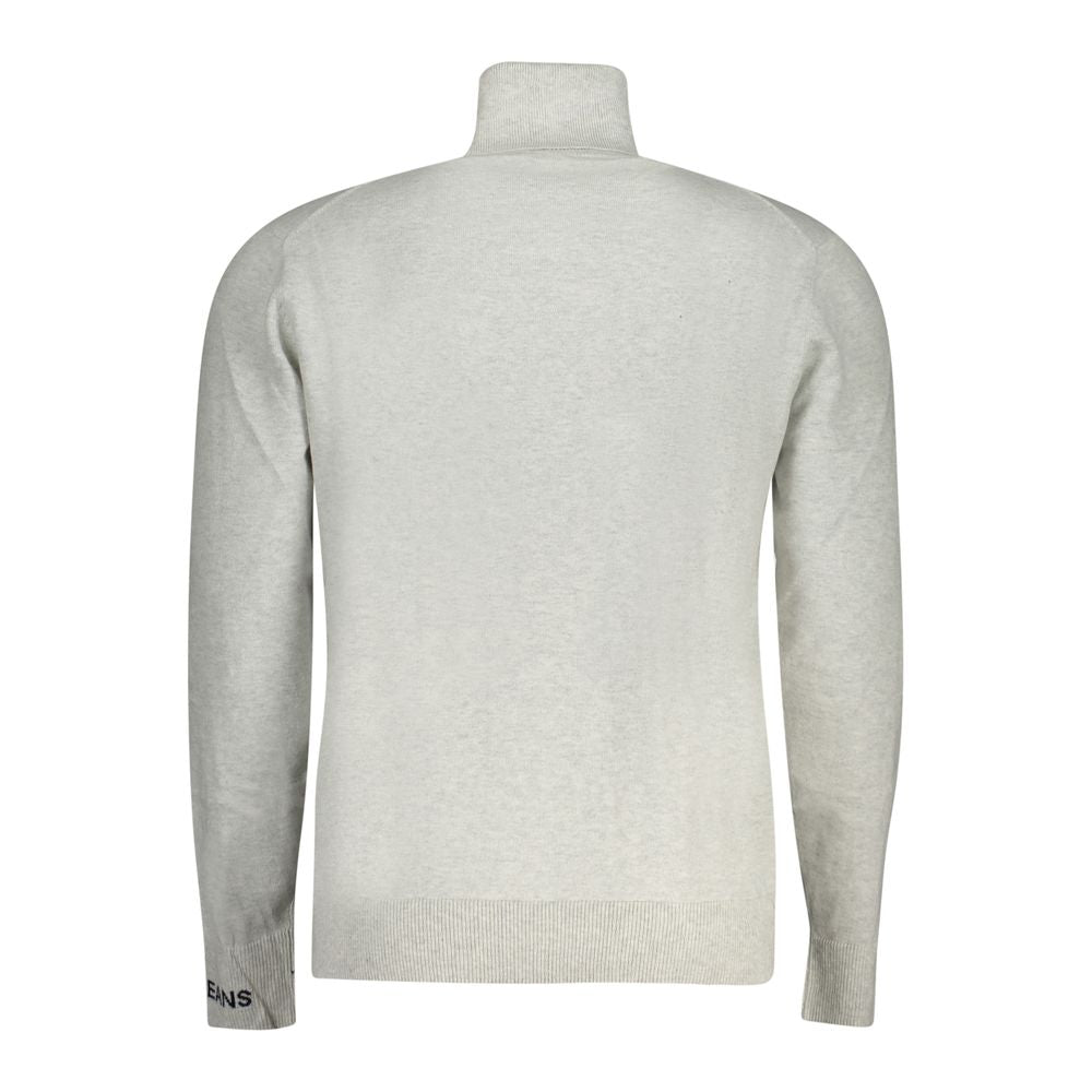 Back view of Pepe Jeans Gray Cotton Men Sweater with turtleneck and embroidered logo, featuring soft cotton, wool, and cashmere blend.