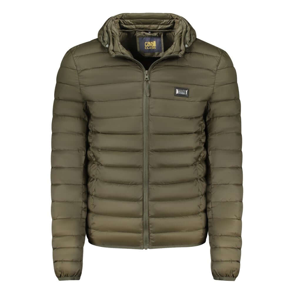 Cavalli Class Green Polyester Men Jacket with removable hood, offering warmth and durability.