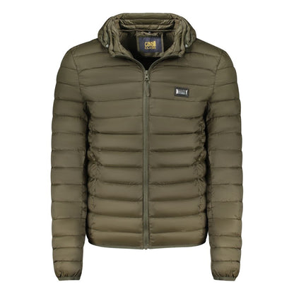 Cavalli Class Green Polyester Men Jacket with removable hood, offering warmth and durability.