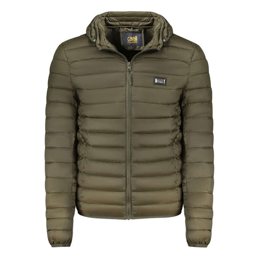 Cavalli Class Green Polyester Men Jacket with removable hood, offering warmth and durability.