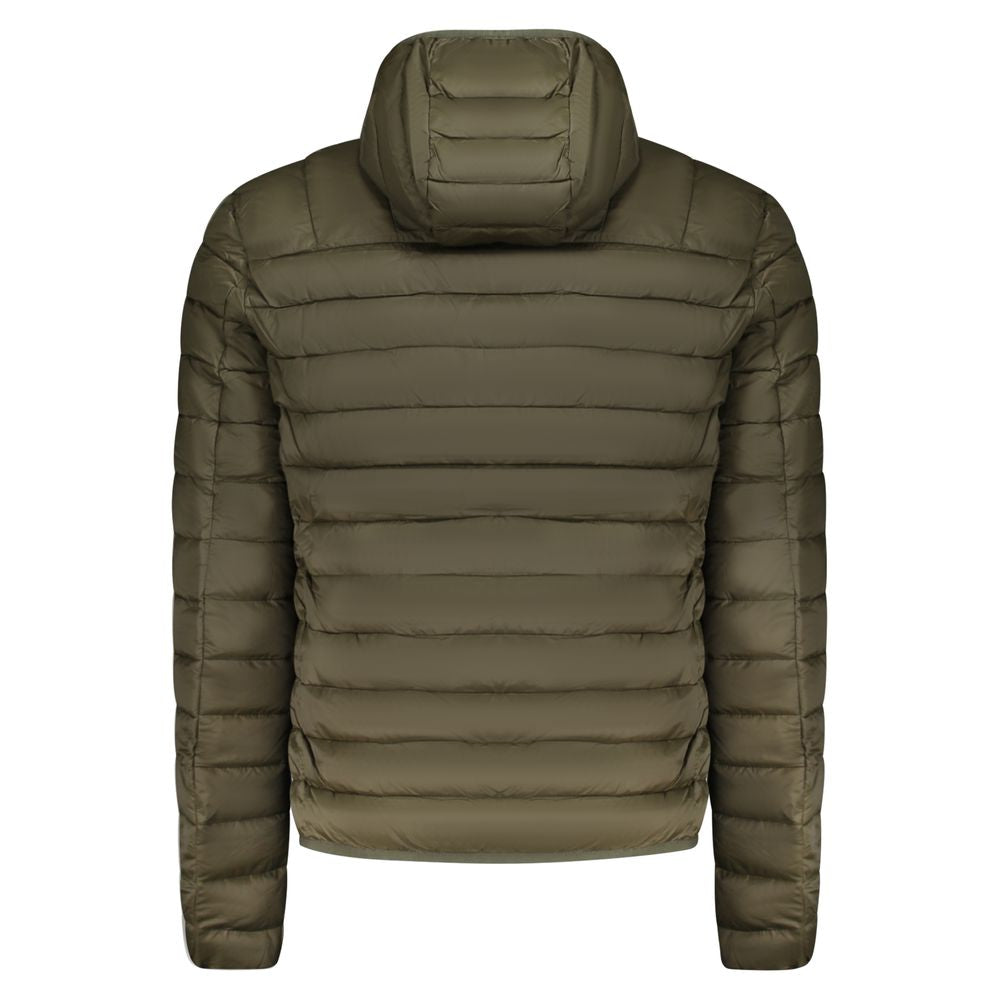 Cavalli Class Green Polyester Men Jacket with removable hood, back view, showcasing quilted design for style and warmth, ideal for men.