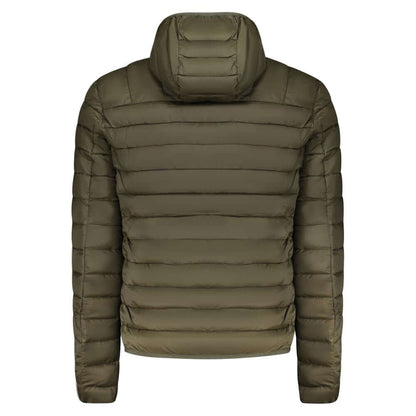 Cavalli Class Green Polyester Men Jacket with removable hood, back view, showcasing quilted design for style and warmth, ideal for men.