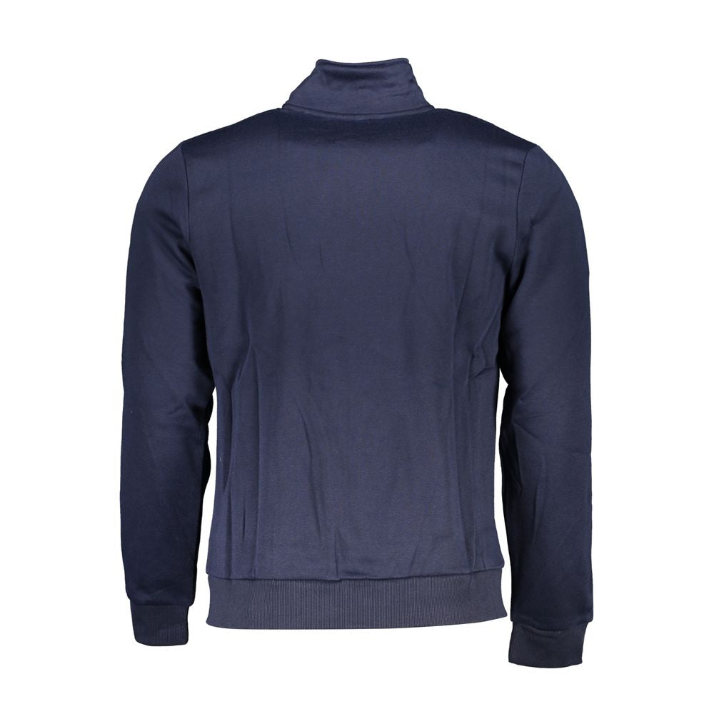 Back view of Gianmarco Venturi Blue Cotton Sweatshirt featuring long sleeves, fleece material, 2 pockets, zip, embroidery, and logo.