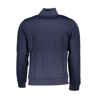 Back view of Gianmarco Venturi Blue Cotton Sweatshirt featuring long sleeves, fleece material, 2 pockets, zip, embroidery, and logo.