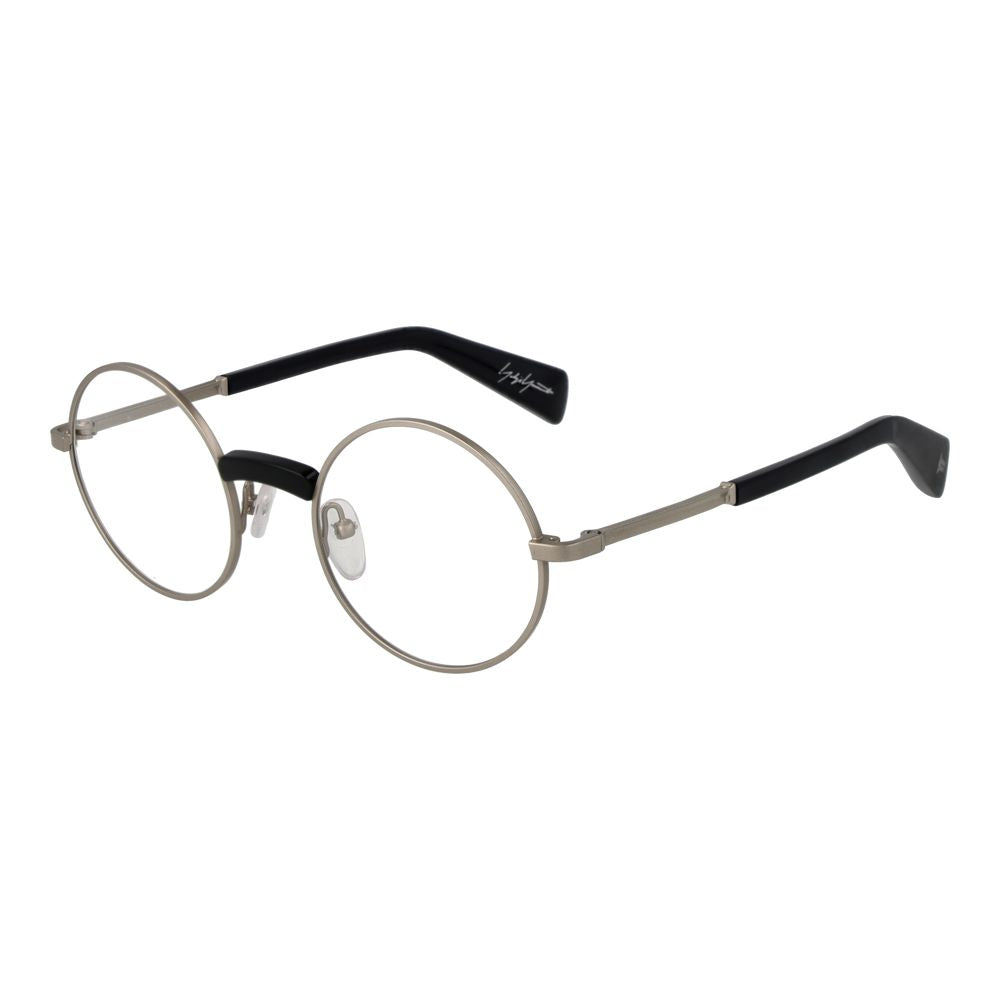 Yohji Yamamoto Silver Monel Glasses (Frames) in full-rim round style, unisex, with 48-21-145 size and branded soft case.