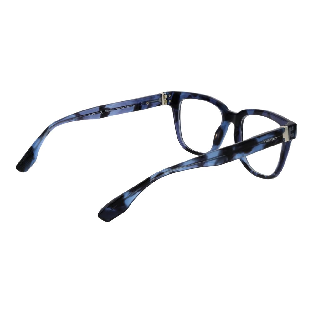 Trussardi Blue Acetate Glasses (Frames) full-rim square style for men with demo plastic lenses, featuring spring hinge and branded case.