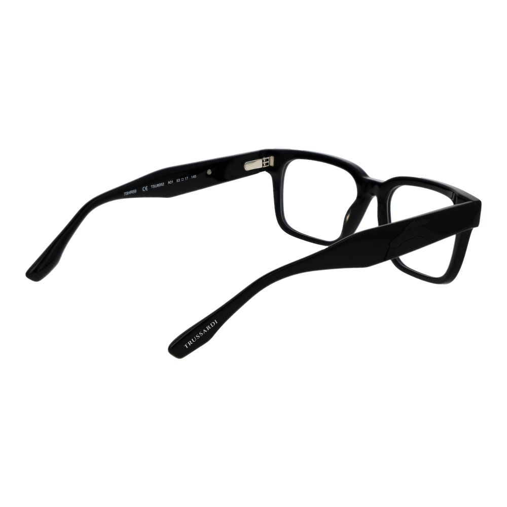 Trussardi Black Acetate Glasses (Frames) full-rim, unisex design, rectangular style, demo lenses, spring hinge, black frame with branded case