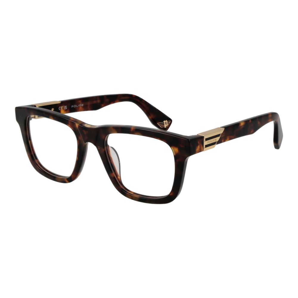 Police Brown Cellulose Acetate Glasses (Frames) with full-rim square design, men's eyewear, demo lenses, and branded case included.