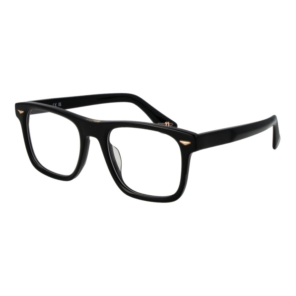 Police Black Cellulose Acetate Glasses (Frames) for men in full-rim black acetate, rectangle style, size 52-20-145 with demo lenses.