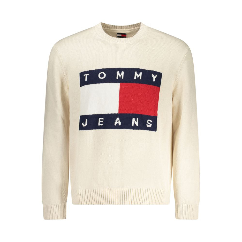 Tommy Hilfiger Beige Cotton Men Sweater with logo embroidery, crew neck, and casual style.