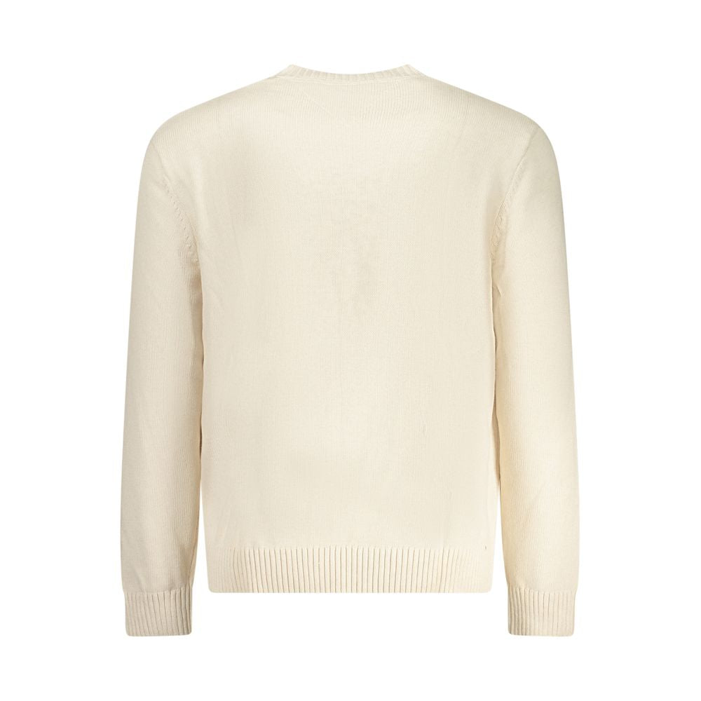 Back view of Tommy Hilfiger Beige Cotton Men Sweater, showcasing regenerative cotton material and ribbed cuffs.