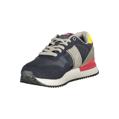 Norway 1963 Blue Polyester Men Sneaker featuring eye-catching design and contrasting details for modern trendsetters.
