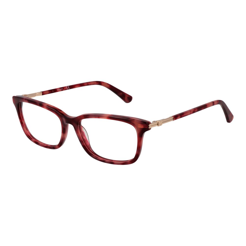 Guess Red Acetate Glasses (Frames) for women, full-rim rectangular design with red acetate frame and plastic demo lenses.