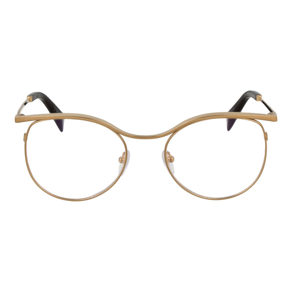Yohji Yamamoto Gold Metal Glasses (Frames) in round style with gold full-rim design, demo lenses, and plastic frame. Size: 53-18-145.