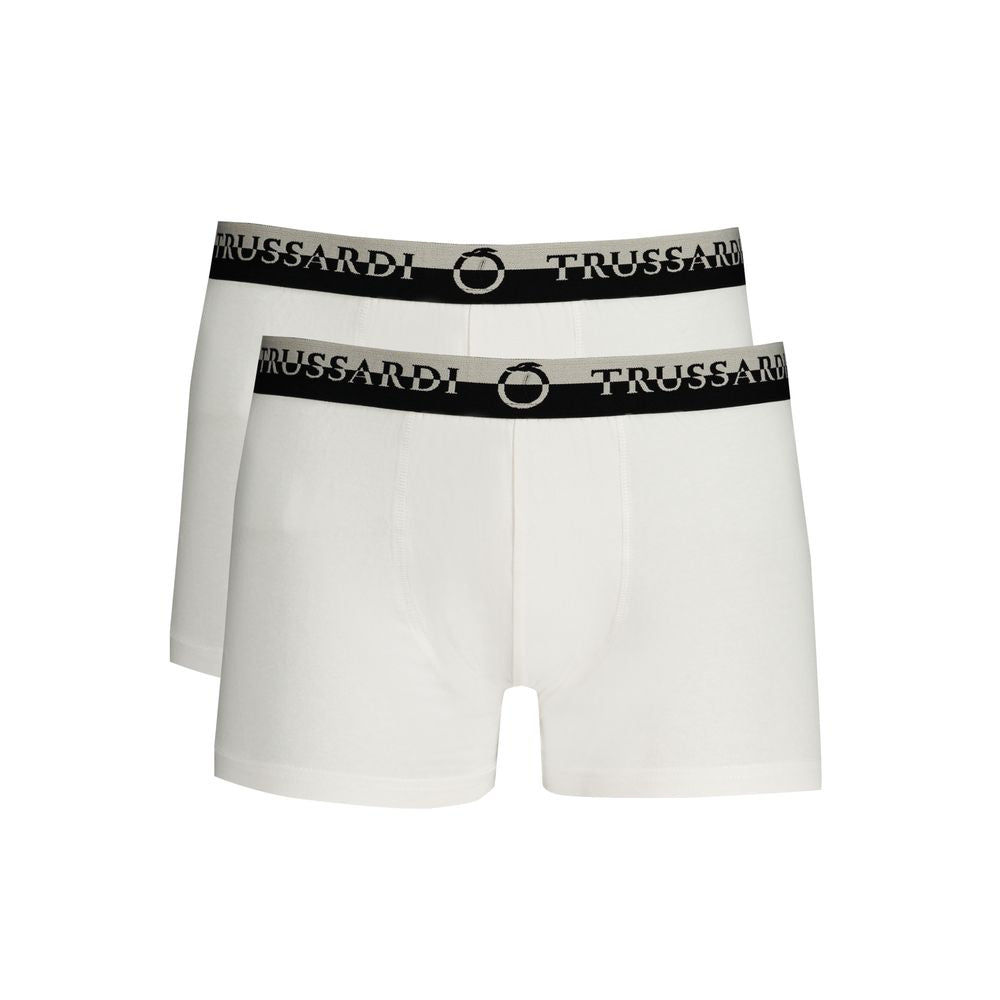 Trussardi White Cotton Underwear bi-pack with elastic waist, logo print, and double elastic boxer parts for comfort and style.