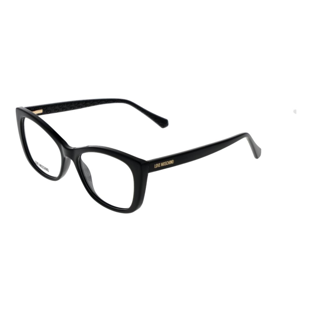 Love Moschino Black Cellulose Propionate Glasses (Frames) with full-rim butterfly style, branded in black, with demo lenses and spring hinge.