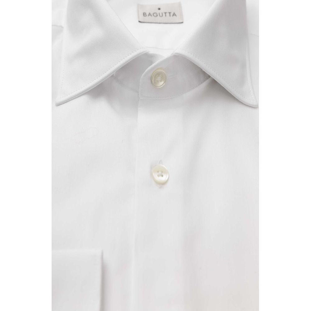 Bagutta White Cotton Top - Men's long sleeve solid white shirt with button fastening, 100% cotton material.
