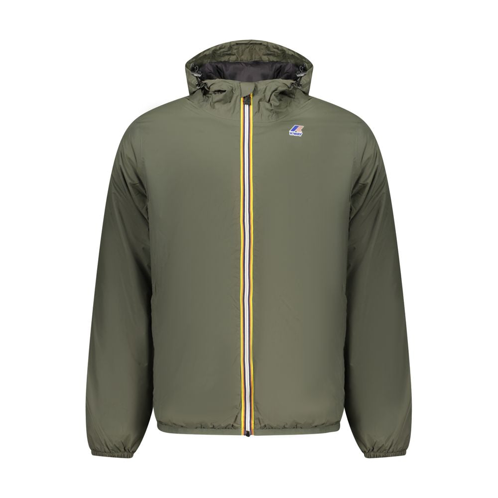 K-WAY Green Polyamide Men Jacket with hood and zip front, showcasing outdoor versatility and style.