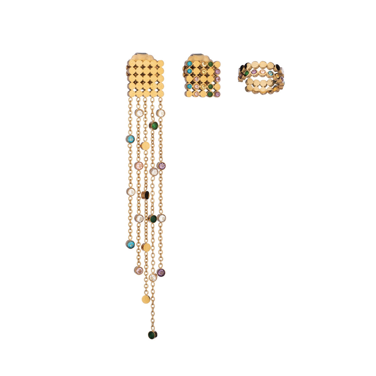 AN JEWELS JEWELRY Mod. AB.EP013 featuring gold and multicolor beaded chains with matching ring and earring set.