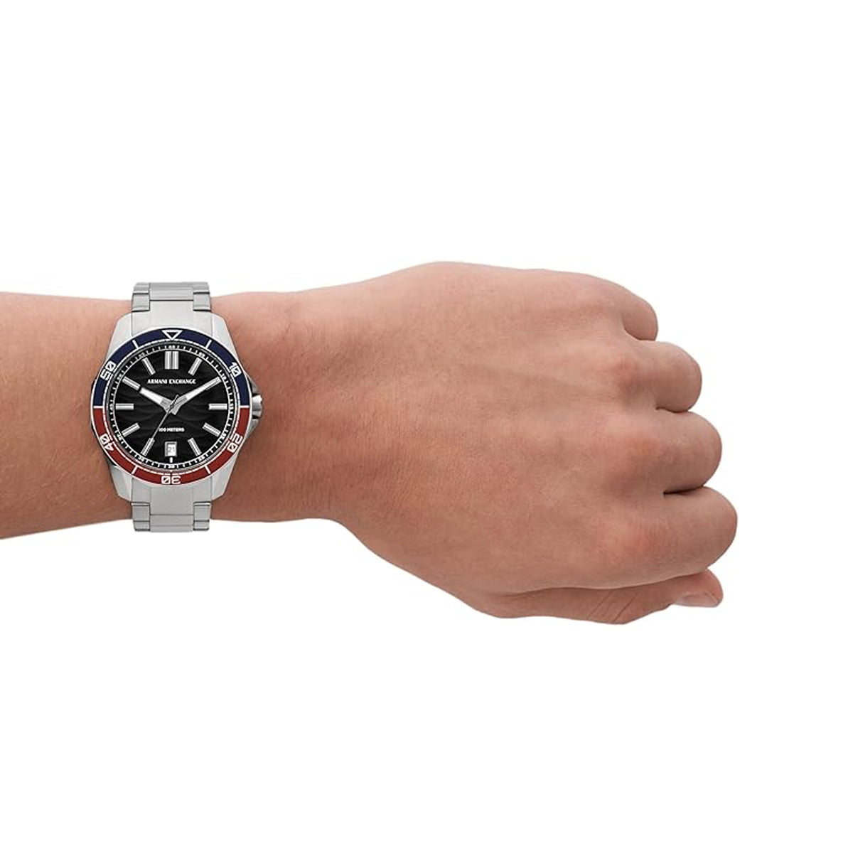 ARMANI EXCHANGE Mod. AX1955 on wrist, 44mm stainless steel case, quartz movement, 10 ATM water resistance, SS bracelet