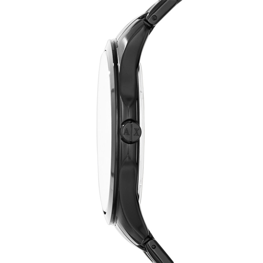 Side view of A|X ARMANI EXCHANGE Mod. HAMPTON wristwatch with stainless steel case and bracelet, showcasing the sleek design.