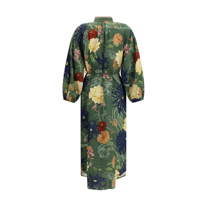 Back view of Alemais Green Linen Casual Dress with floral pattern, Korean collar, balloon sleeves, and knotted drawstring waist.