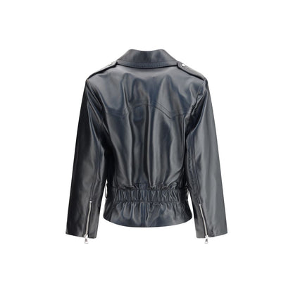 Alessandra Rich Black Leather Biker Jacket with wide lapels, side zipper, and adjustable belt, showcasing a strong, timeless style.
