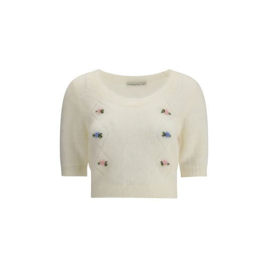 Alessandra Rich White Mohair Sweatshirt with embroidered flowers, round neckline, and ribbed hemline for a romantic touch.