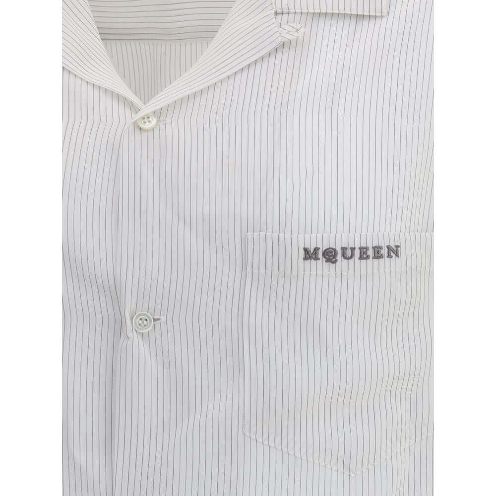 Alexander McQueen White Viscose Pattern Shirt with embroidered logo and front button closure, showcasing a thin striped Hawaiian design.
