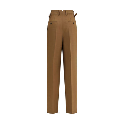 Ami Paris Brown Wool Casual Pants featuring a high-waist, buttoned back pockets, and adjustable side tabs with metal buckles.
