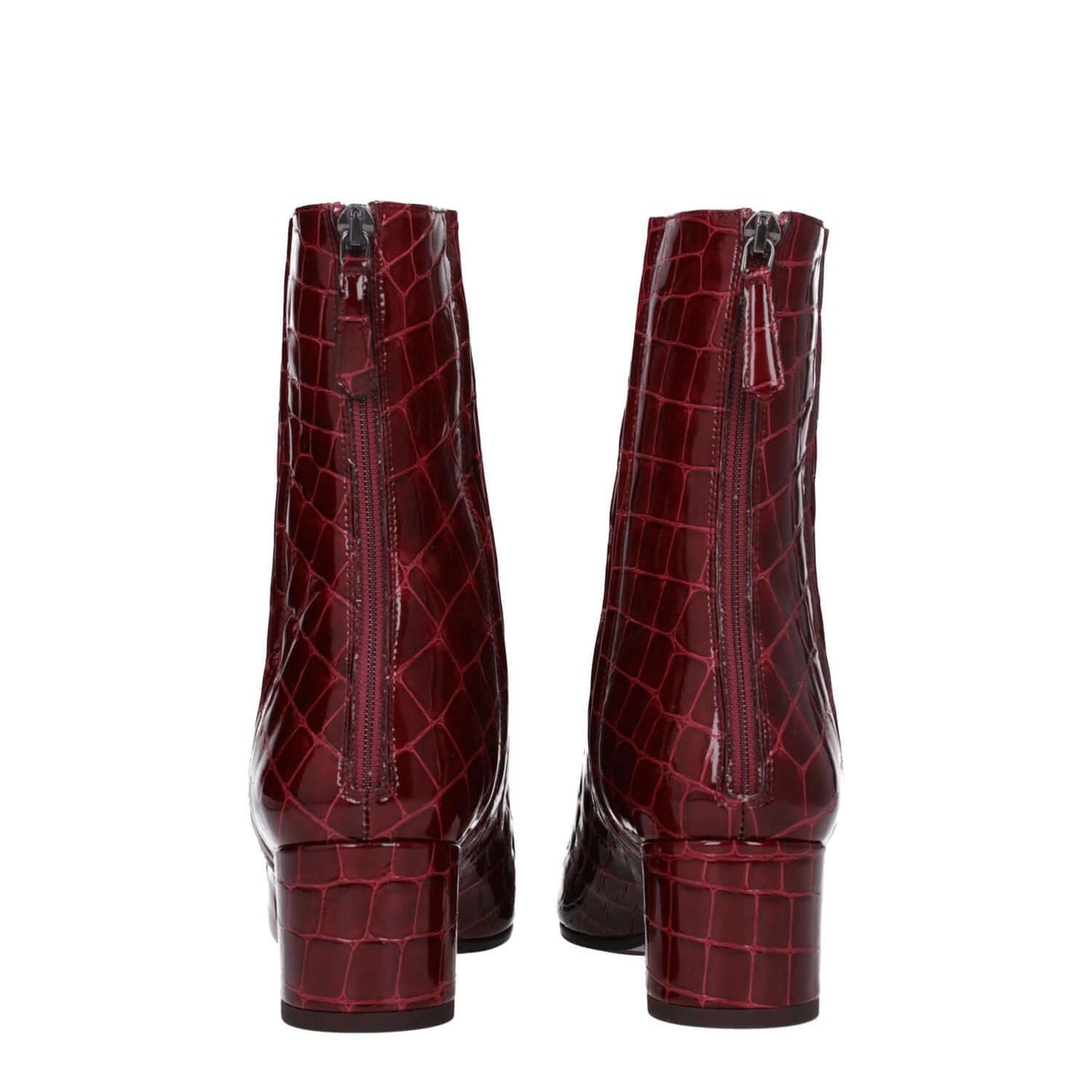 Back view of Aquazzura Red Leather Ankle Boots with crocodile print, zip closure, and mid heels, highlighting luxury design.