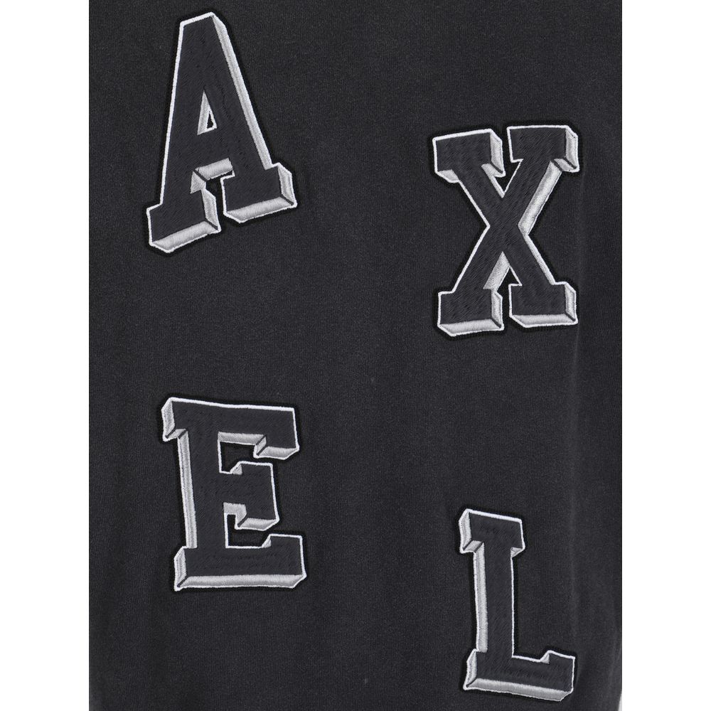 Close-up of Axel Arigato Gray Cotton T-Shirt with large letter design on dark fabric.