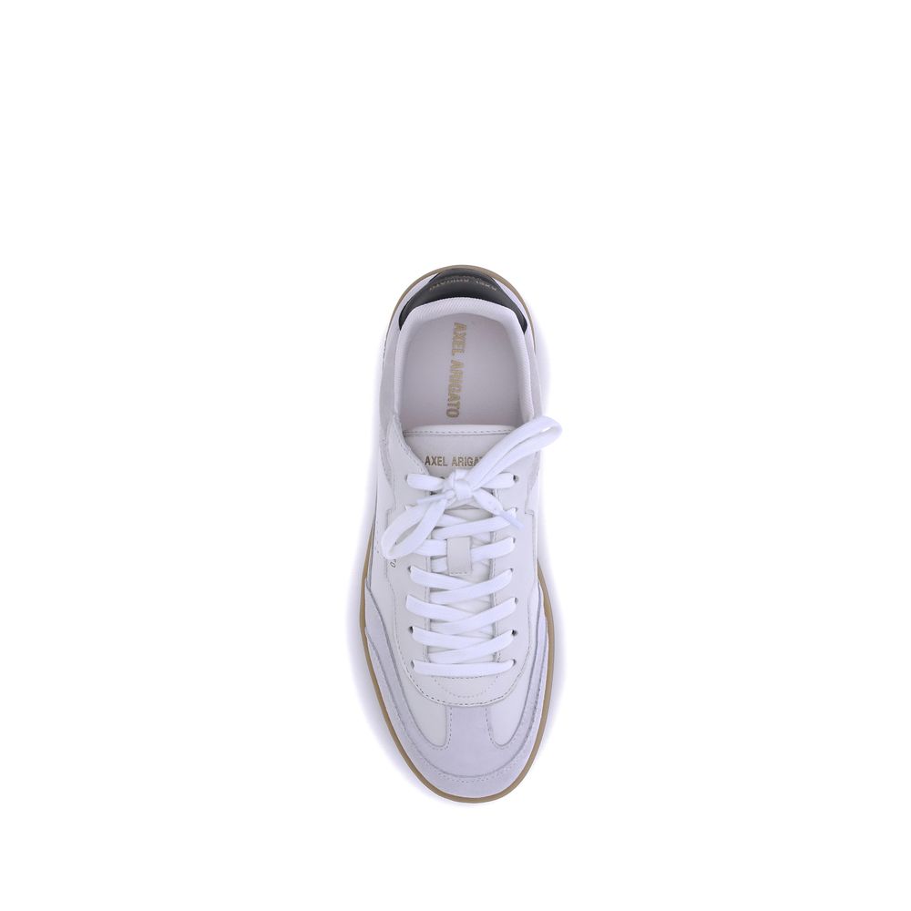 Top view of Axel Arigato White Calf Leather Bos Taurus Low Top Sneakers with flat sole and lace-up design, featuring side perforations.