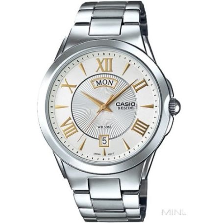 CASIO BESIDE Mod. DAY & DATE - WHITE. GOLD INDEXES BEM-130D-7AVDF