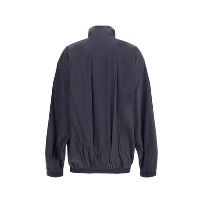 Back view of Balenciaga Blue Polyester Clothing jacket with high collar, elastic hem and cuffs, and double-slider zipper, perfect for AW25 season.