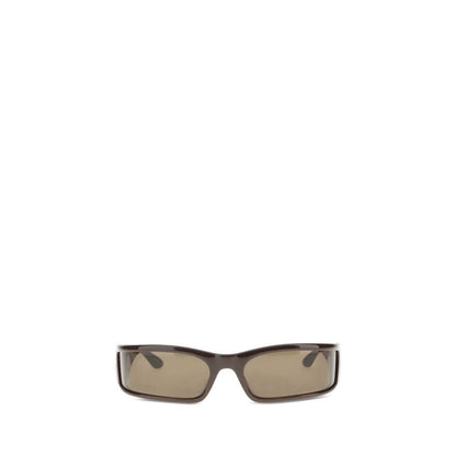 Balenciaga Brown Acetate Sunglasses with rectangular design and metallic logo details on temples, featuring bio nylon lenses for sustainability.
