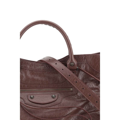 Close-up of Balenciaga Brown Calf Leather Bos Taurus Shoulder Bag with hand-woven handles