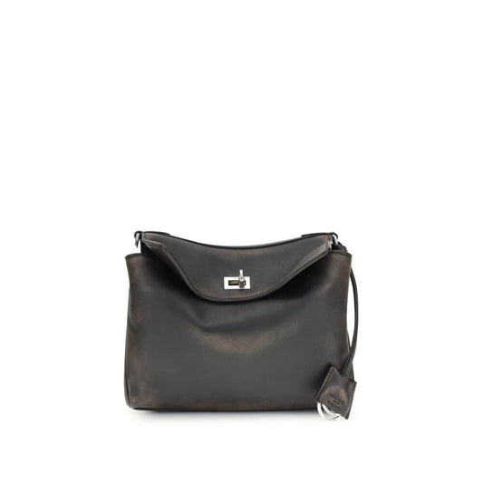 Balenciaga Brown Rodeo small Shoulder Bag in two-tone calfskin with adjustable straps and twist lock closure, front view.