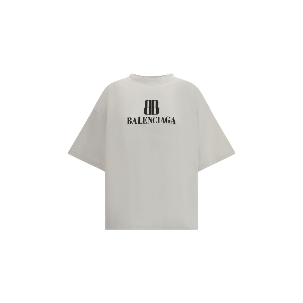 Balenciaga Gray Cotton T-Shirt with logo print, oversized fit, ribbed crew neck, dropped shoulders, 100% cotton, casual wear.