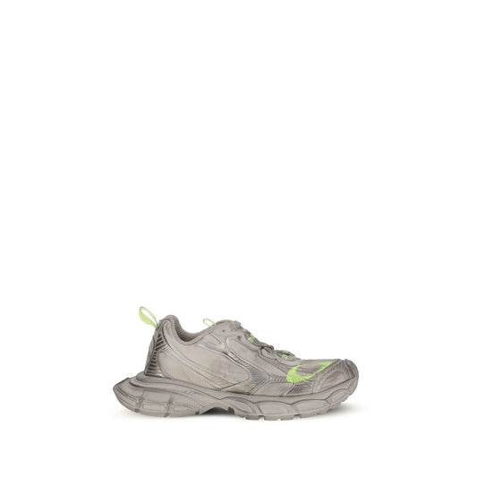 Balenciaga Gray Polyester Athletic Sneakers with oversized design, taupe and neon accents, reflective details, logo on sole and mesh material.