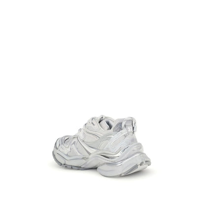 Balenciaga Silver Rubber Athletic Sneakers featuring worn-in design with embossed logos and size detailing, back loop for easy fit.
