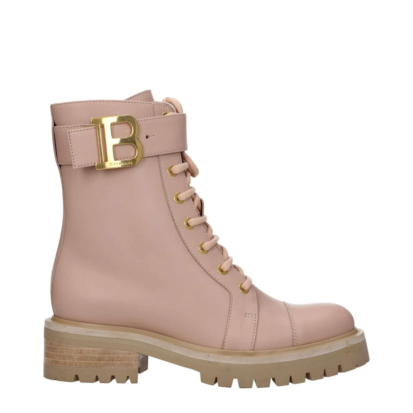 Balmain Beige Leather Ankle Boots with side logo, round toe, and mid heels. Sporty glam style, lace-up closure. MPN: TC502LVTO0AP