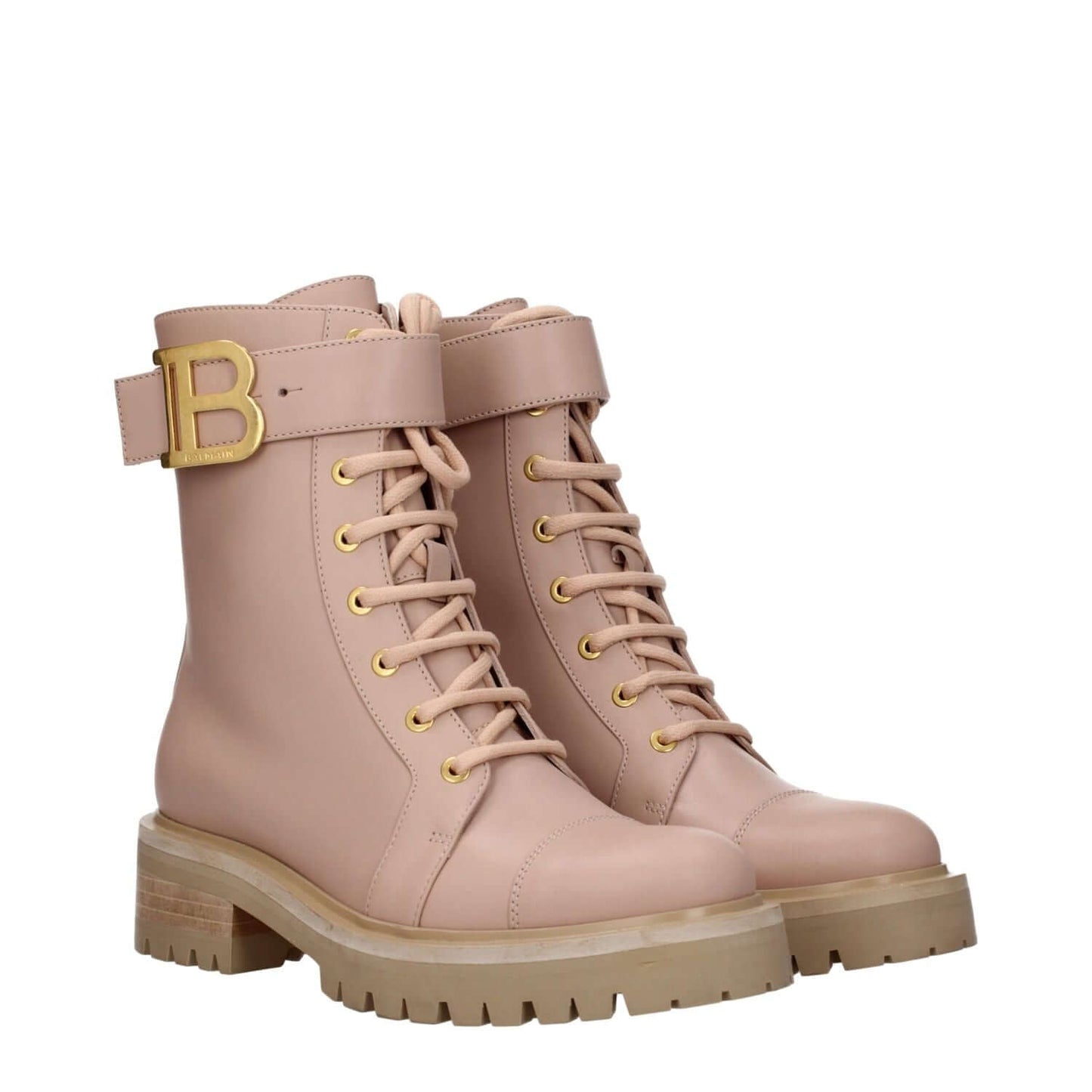 Balmain Beige Leather Ankle Boots with lace-up closure and side logo, featuring mid heels and round toe design, style: Sporty Glam.