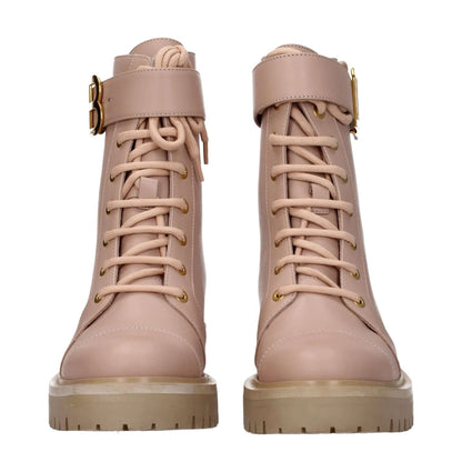 Balmain Beige Leather Ankle Boots with side logo and lace-up closure, featuring a round toe and rubber sole, sporty glam style.