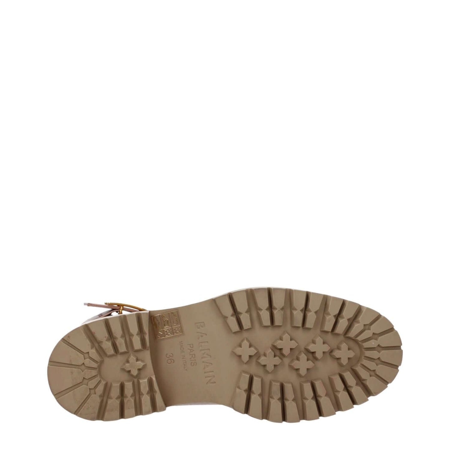 Sole of Balmain Beige Leather Ankle Boots featuring rubber sole with logo engraving. Focus keyword: Balmain Beige Leather Ankle Boots.