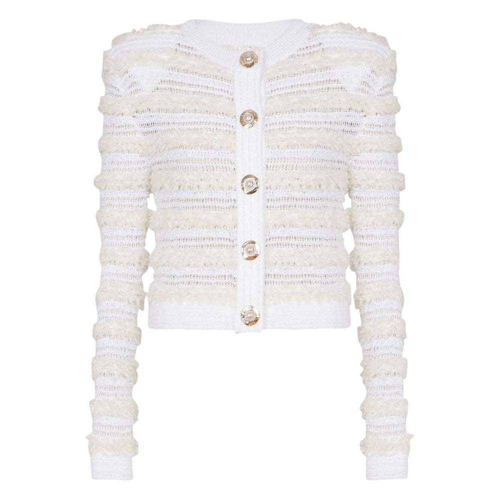 Balmain Long-sleeved tweed-effect knit cardigan in white with front button fastening, ribbed trim, and crew neck style.