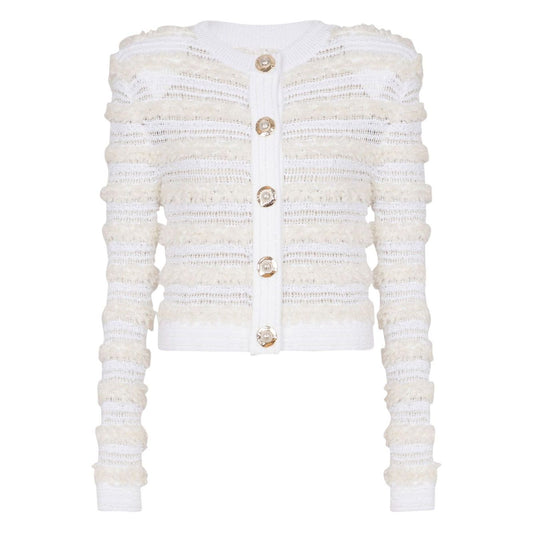 Balmain Long-sleeved tweed-effect knit cardigan in white with front button fastening, pinched shoulders, and ribbed trim.