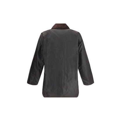 Rear view of Barbour Black Cotton Coat with corduroy collar and classic design for all-weather protection and style.